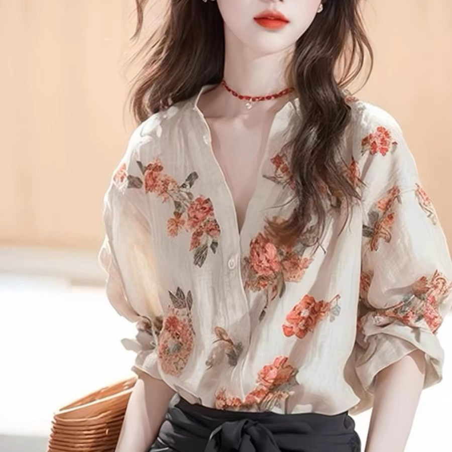 Áo sơ mi nữ dài tay họa tiết hoa nhí đi làm — Màu ảnh chi tiết 4