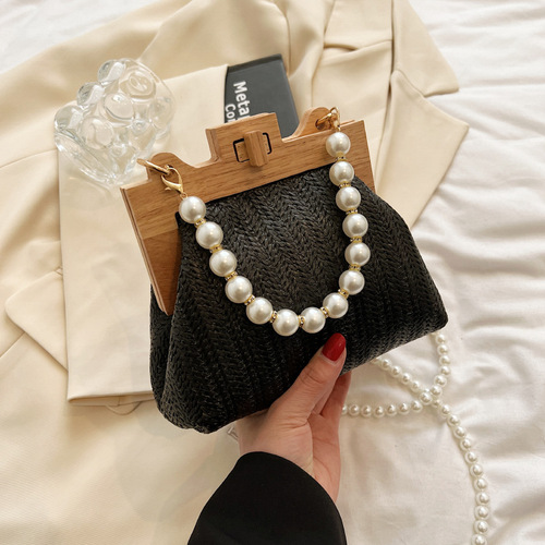 Summer Popular Casual Matchable Pearl Tote Bag for Women  Korean Style Grass Weave Small Square Bag