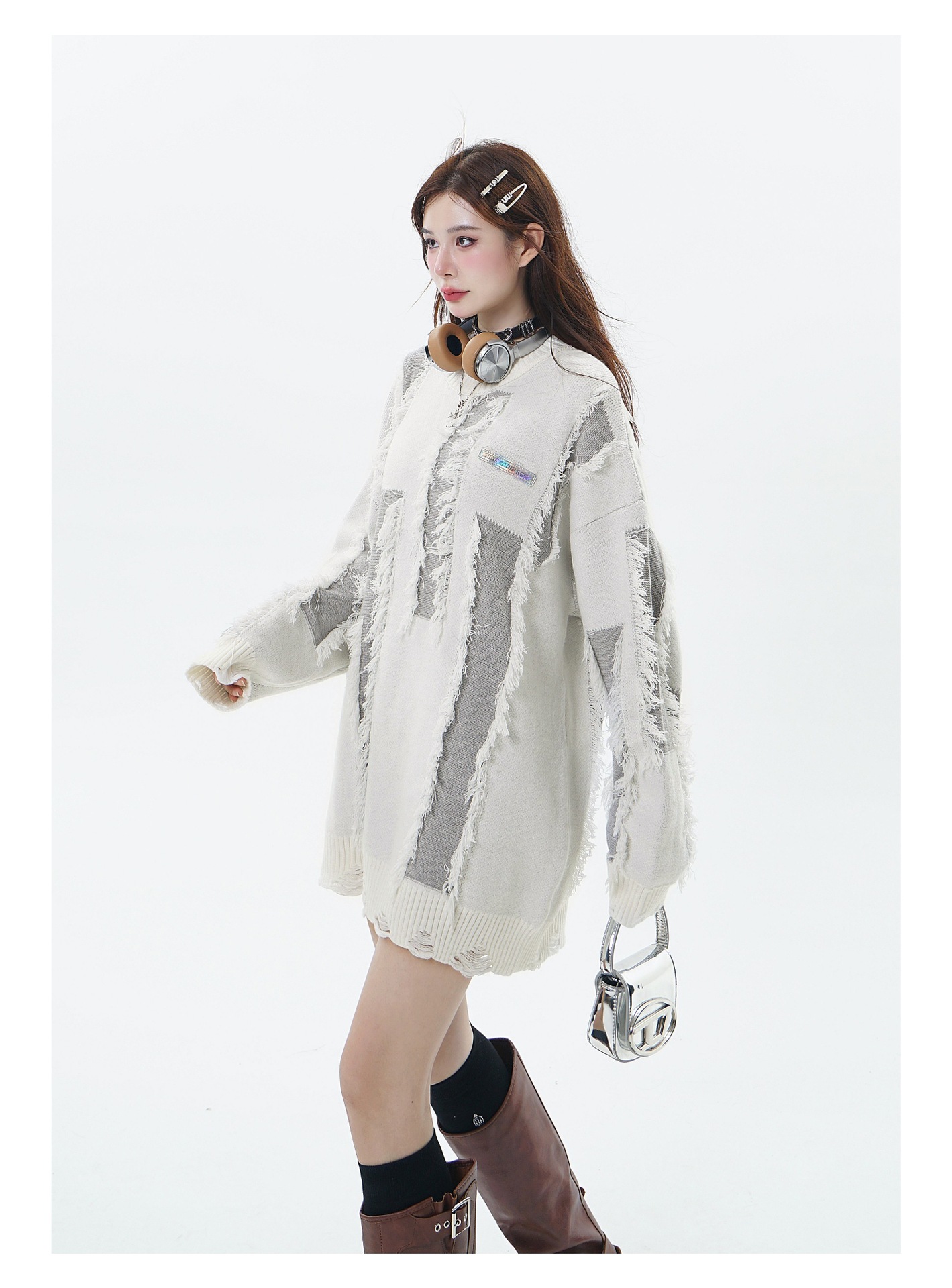 Ανδρικά Ρούχα με σκισμένες φούντες, μικρές ετικέτες, άνετη εφαρμογή, μοντέρνα πουλόβερ με χρωματική αντίθεση_voghion.com