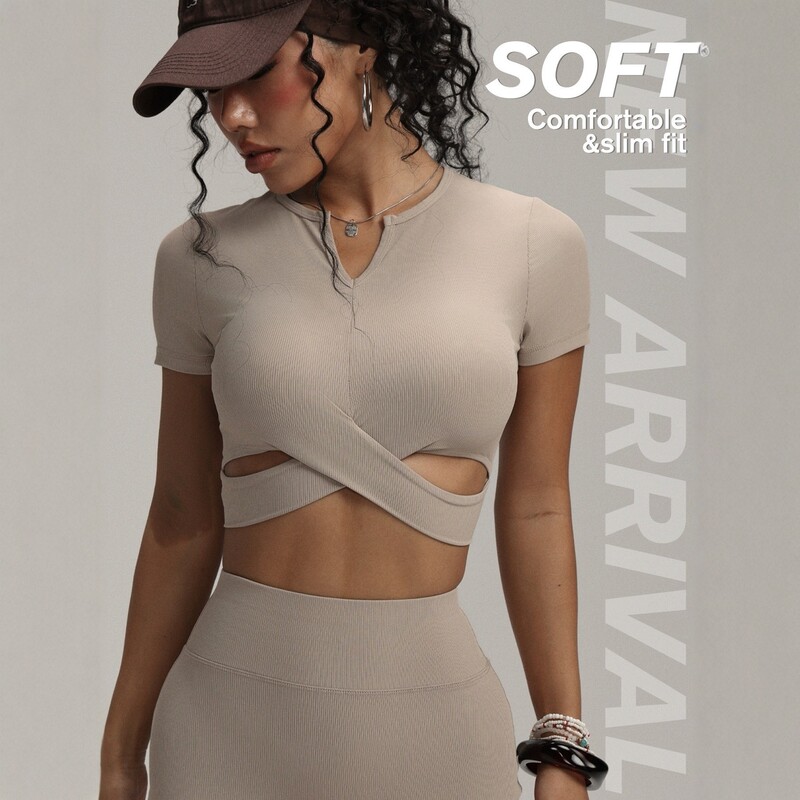 Women's Sports Slim-Fit Cross-Over T-Shirt, Fitness Top, Cropped Style with Exposed Midriff, Waist-Cinching Yoga Wear, Running Sports Short-Sleeve Women's Sports Slim-Fit Cross-Over T-Shirt, Fitness Top, Cropped Style with Exposed Midriff, Waist-Cinching Yoga Wear, Running Sports Short-Sleeve