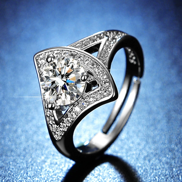 Ring one carat, adjustable open band with AAA zirconia, silver-layer plating
