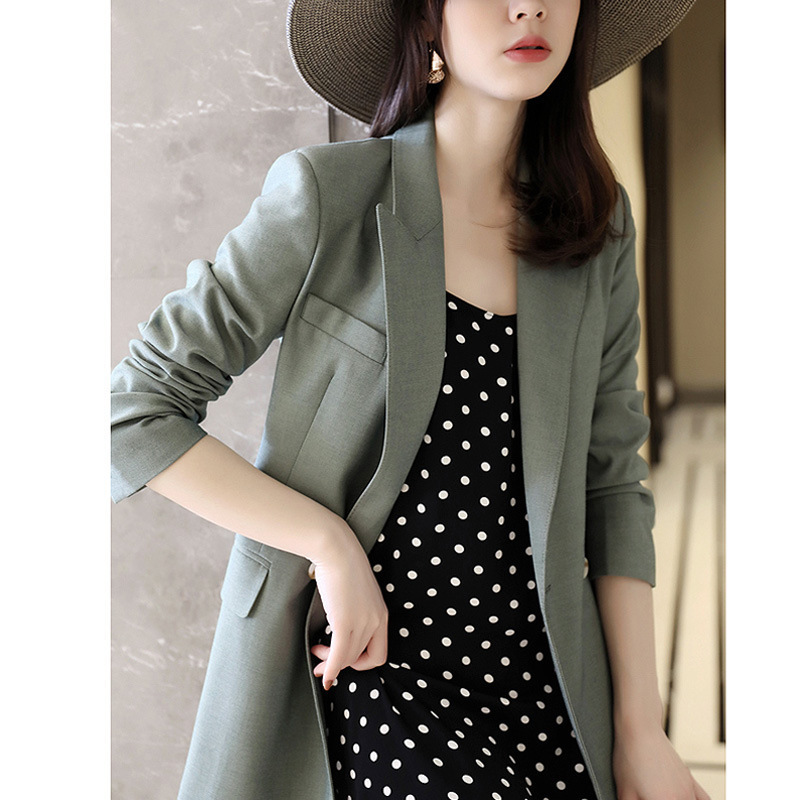 Knock fashionable retro green! Fit cut slightly loose double-breasted mid-length suit jacket autumn commuter slim fit