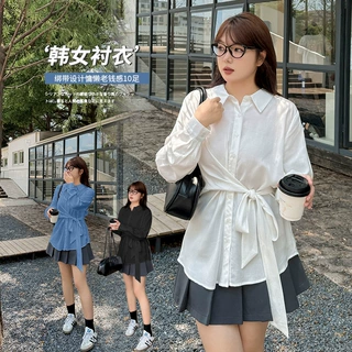 沐钧大码女装百搭侧边系带通勤衬衣秋新款宽松天丝上衣323071