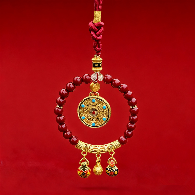 Cinnabar Car Hanging Amulet for Good Luck and Safety, New Year Red Gold-Eating Beast Lucky Cat Car Hanging Ornament Wholesale