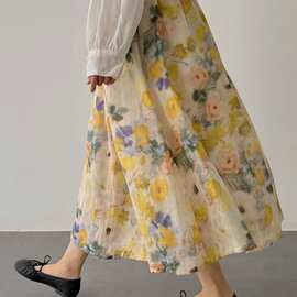 精纺仿苎麻油画晕染半身裙女2023夏新款设计感小众中长款A字裙子