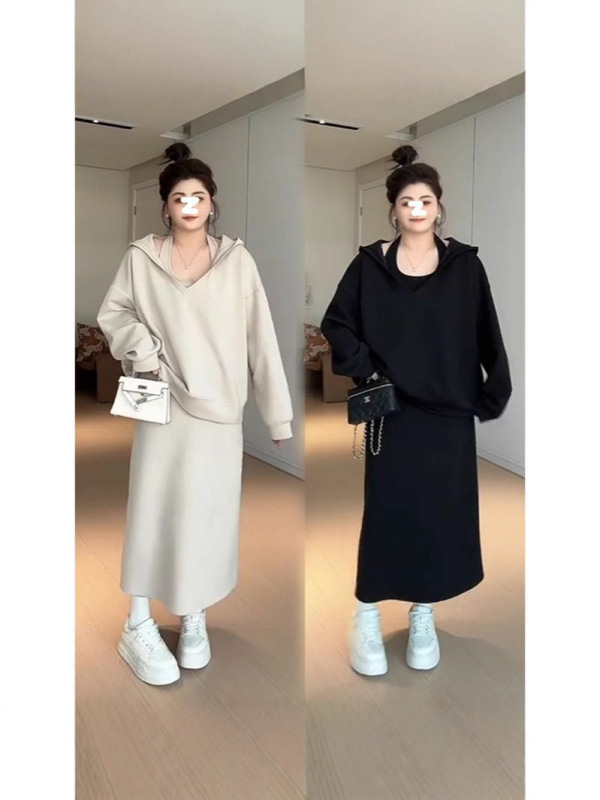 早秋韩系穿搭套装女2025秋季新款休闲卫衣挂脖背心裙子上衣两件套|undefined