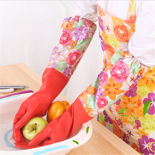 Winter thickened kitchen cleaning and dishwashing gloves, extra long plus velvet waterproof soft rubber warm laundry housework gloves
