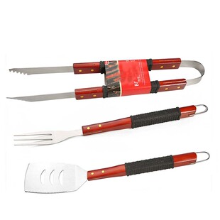 Factory wholesale stainless steel barbecue clip rubber plastic sleeve wooden handle baking tool three-piece set