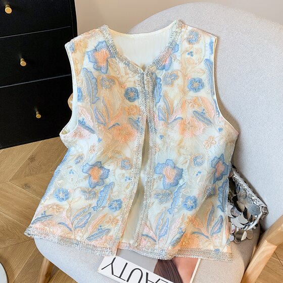 2025 Spring New Fashion Satin Base Organza Embroidered Beaded Hem Sequins Light Luxury National Style Vest