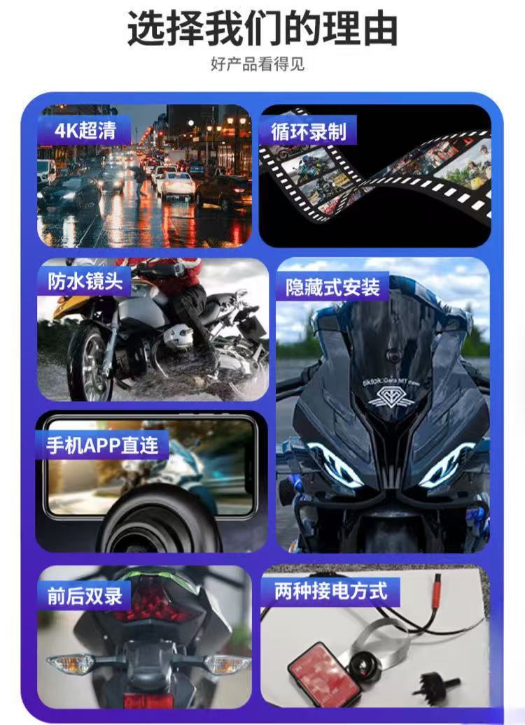 Motorcycle dashcam with front and rear hidden dual cameras, waterproof, shockproof, wide-angle, loop recording
