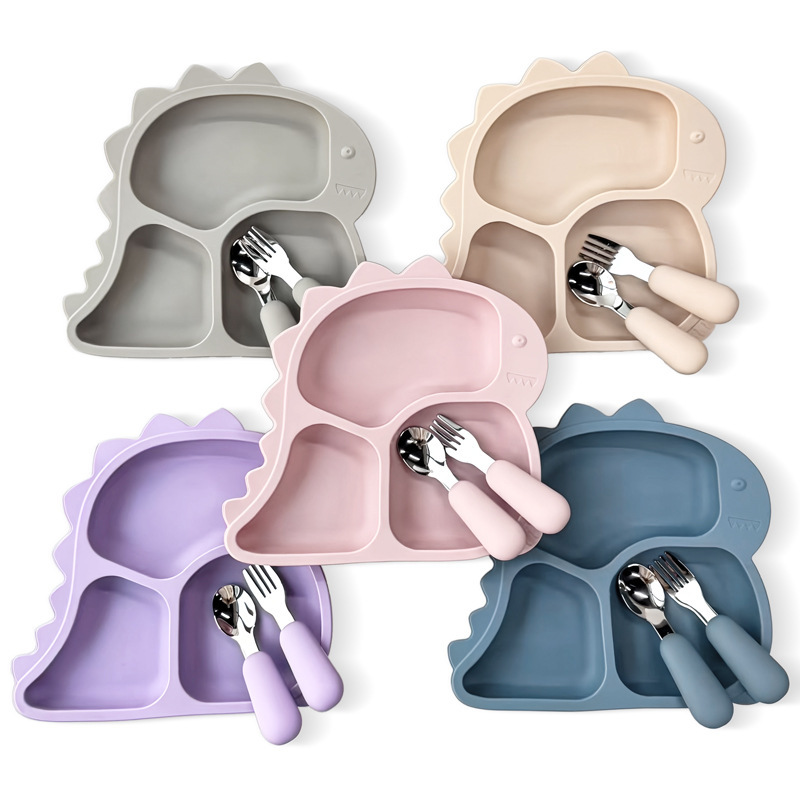 엄마와 아기 용품 아기 실리콘 어린이 식기 빨판 공룡 디너 플레이트 스테인레스 스틸 포크와 스푼 세트