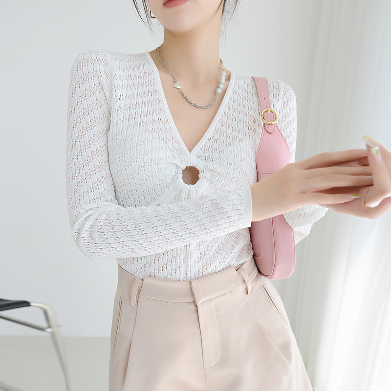 French style hollow-out sexy sweater women's clothing 2022 summer new long sleeve V-neck slim white top