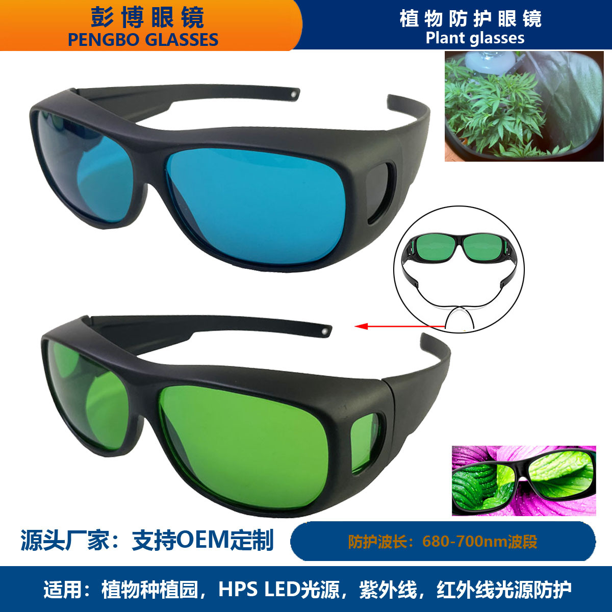 LED植物灯防护眼镜 PHS抗紫外线IR强光反射护目镜色彩矫正眼镜
