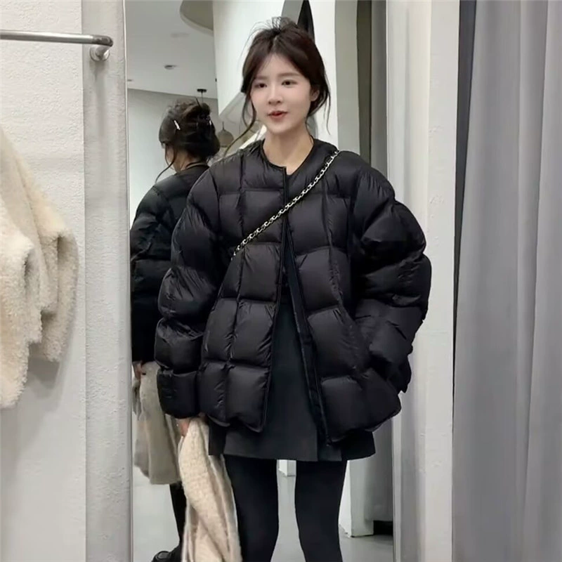 Слоянные квадраты в клетку короткая хлопчатобумажная куртка женский пуховик зимний новый 2024 круглый вырез маленький хлебный костюм куртка