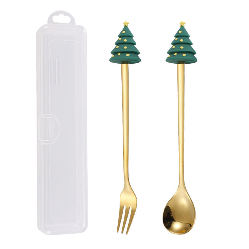 クリスマススプーンセット クリスマス食器ギフト2点セット デザートスプーンとフォーク サンタクロースとトナカイのフィギュア付きスプーン|undefined