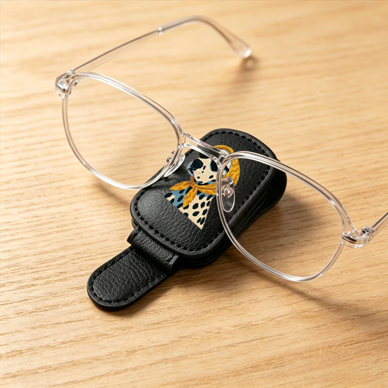 Dog with headscarf, black sunglasses, creative eye design, car sun visor storage, simple animal design, car glasses clip
