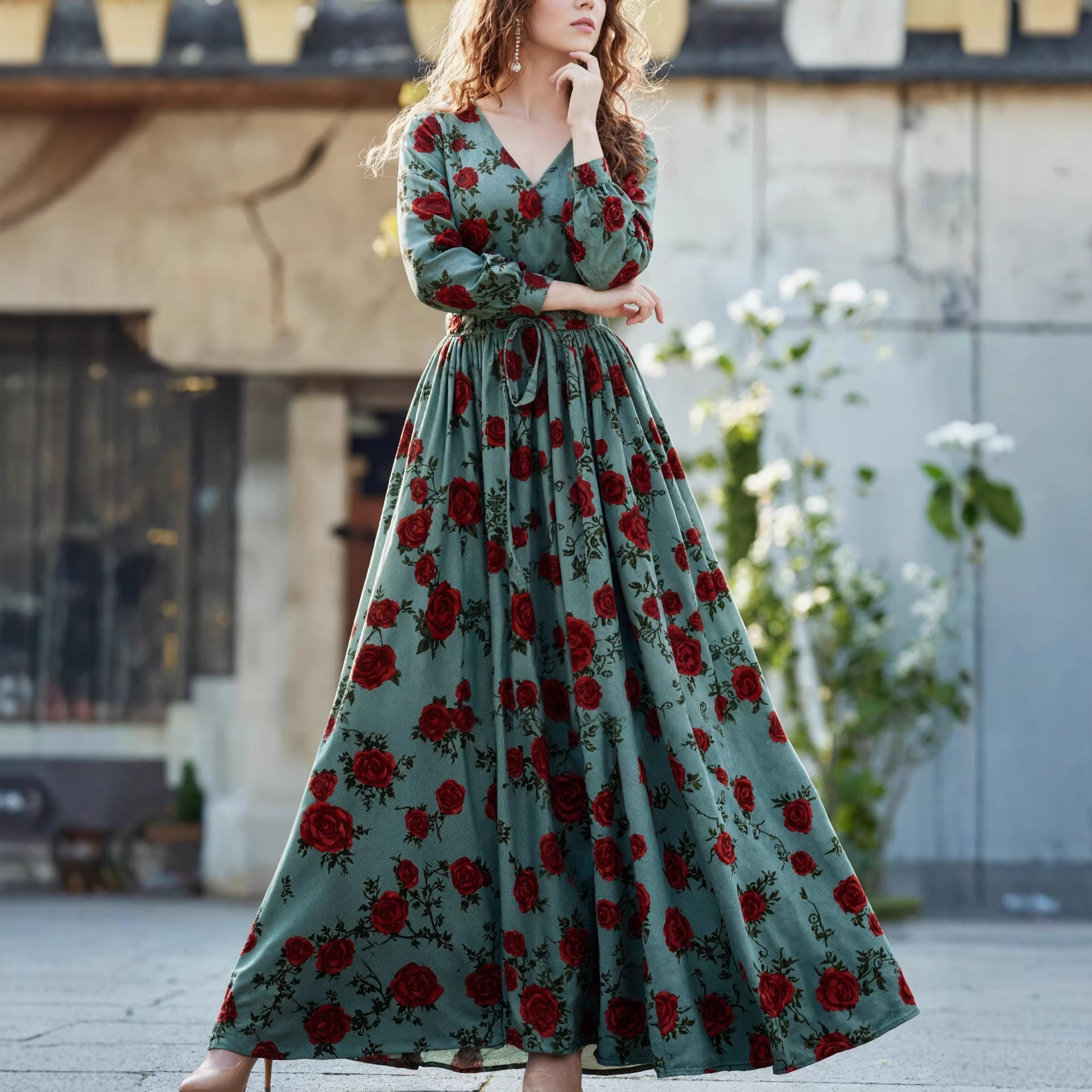 Women's Retro Elegant Slimming Printed Dress V Neck Long Sleeve Charming Fashionable_ecoleips.com