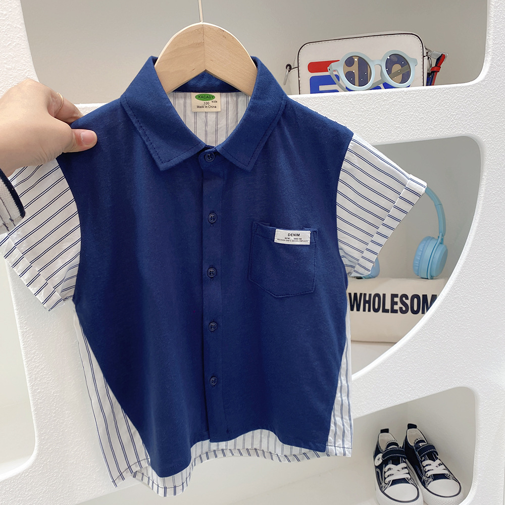 Verano nueva camisa de manga corta 2023 ropa para niños camisa de retazos de punto para bebés de niños medianos y grandes camisa de moda para niños