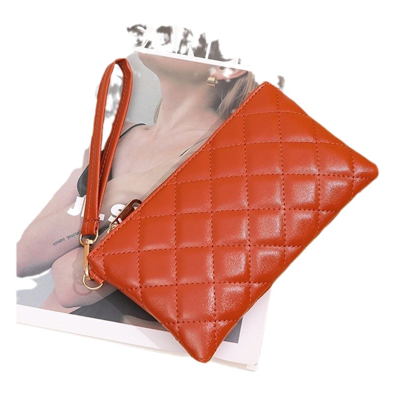 En stock al por mayor 2023 nuevo embrague monedero color sólido pu Rhombus bordado hilo de cremallera larga cartera moda