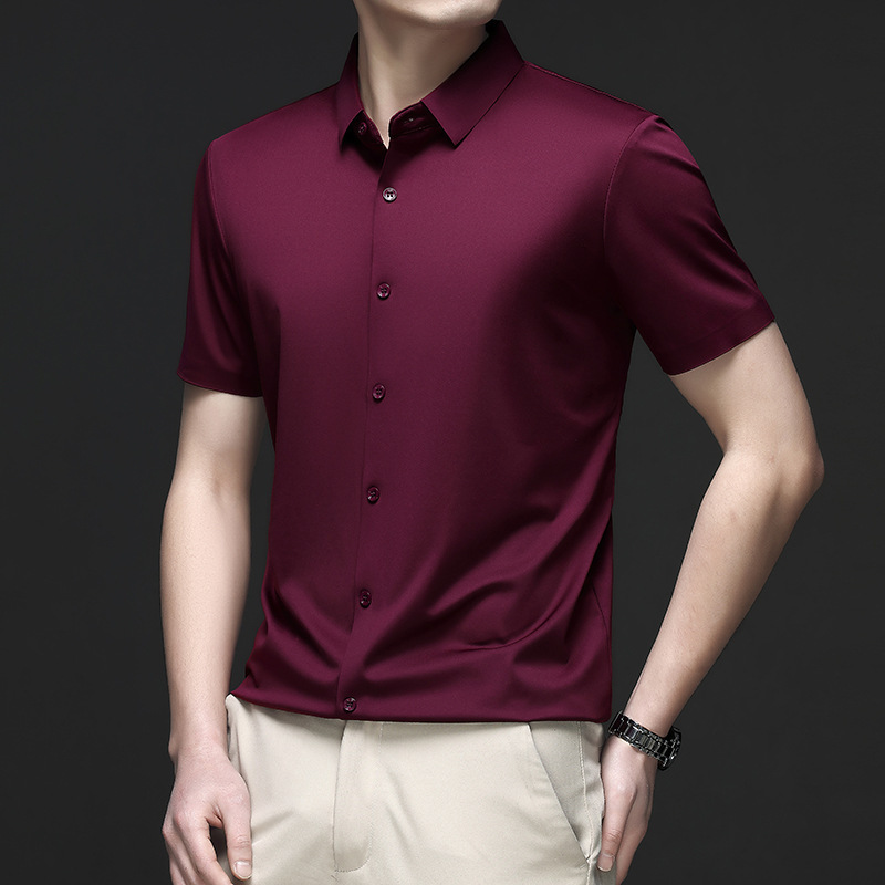 夏の新無地シームレス半袖シャツ弾性シルキー若者紳士服薄型スリム半袖シャツ男性用|undefined