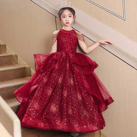 红色女童晚礼服2026轻奢小众花童婚礼公主裙儿童主持人钢琴演出服