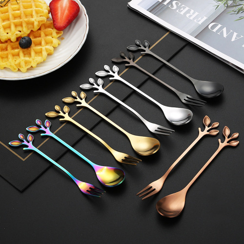 Stainless steel leaf spoon and fork Nordic mixing spoon simple coffee spoon creative gold-plated dessert spoon colorful fruit fork