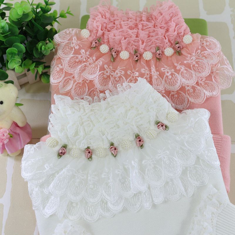 Autumn and Winter New Korean Style Thickened Short Knit Sweater with Lace Trim, Slim Fit, Sweet Floral High-Neck Base Sweater for Women