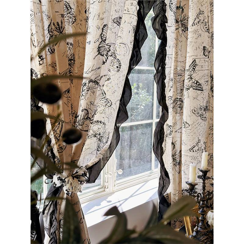 French Retro Butterfly Print Cotton Linen Semi-Shading Curtain for Rental Room Antique Partition Shading Half Curtain