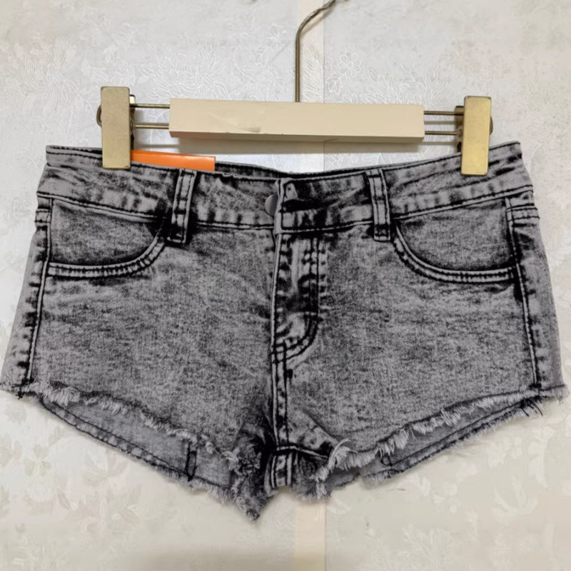 American-Style Spicy Girl Style Smoke Gray Distressed Washed Denim Ultra-Short Shorts for Women, Summer Low-Waist Fringed Sexy Hip-Hugging Hot Pants