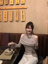 韩系设计感假两件露肩长袖T恤女春秋冬季欲风修身显打底上衣