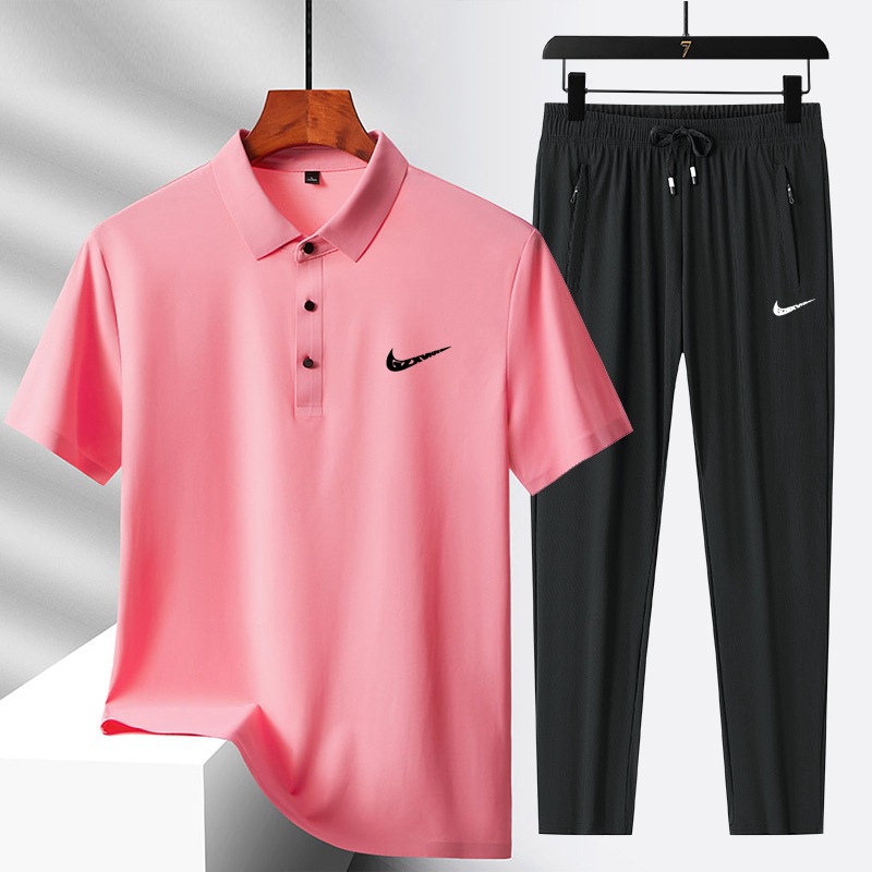 Summer Ice Silk Polo Shirt Short-sleeved Trousers Two-piece Set Thin Lar Quick-drying Fashion Casual Shorts suit Men