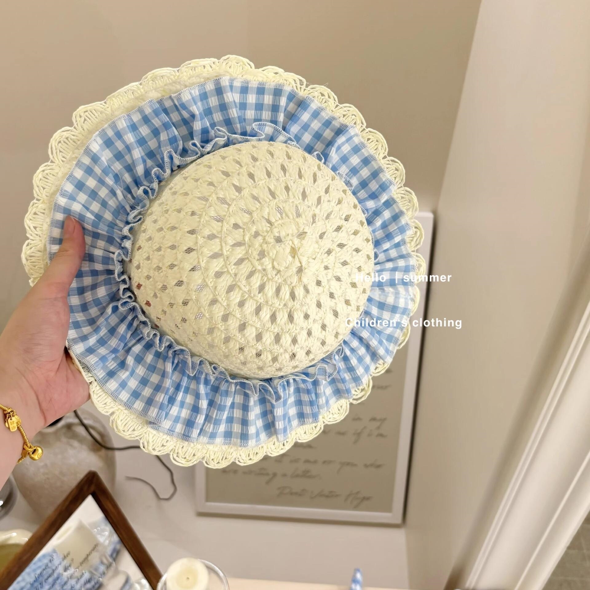 [Sombrero gratis] Vestido de niña de descanso de té verano nuevo estilo para niños falda de tirantes a cuadros falda de encaje