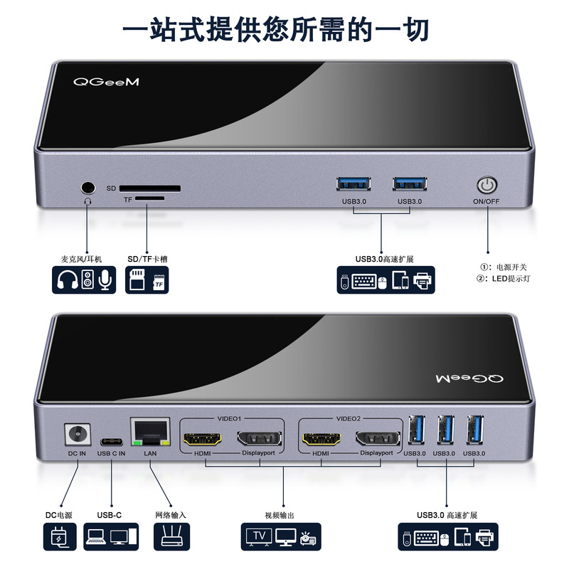 15-in -1 docking station multi-function USB3.0 Hub HDMI/DP dual display 4K60Hz mesh Port headset microphone