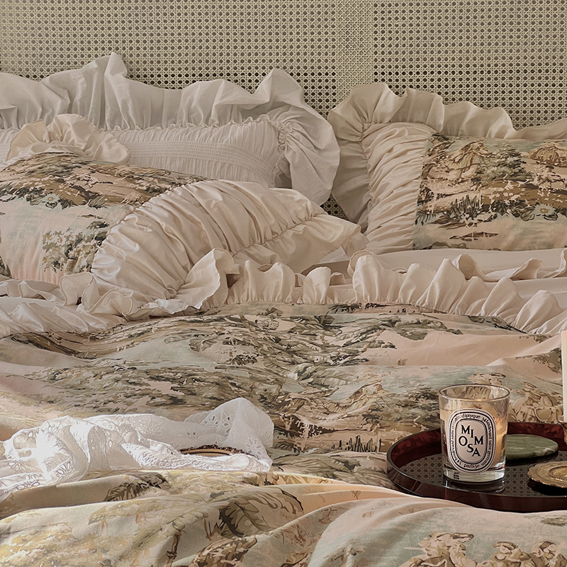 Nordic Vintage Four Piece Bedding Set Pure Cotton Princess Style_voghion.com