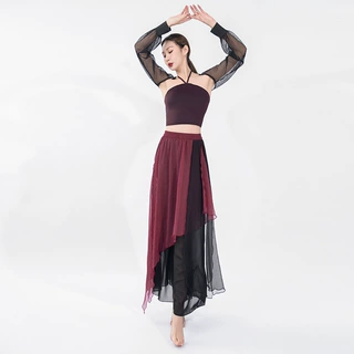 绑带背心披肩拼色长裙现代古典舞套装练功服女演出飘逸中国风套装