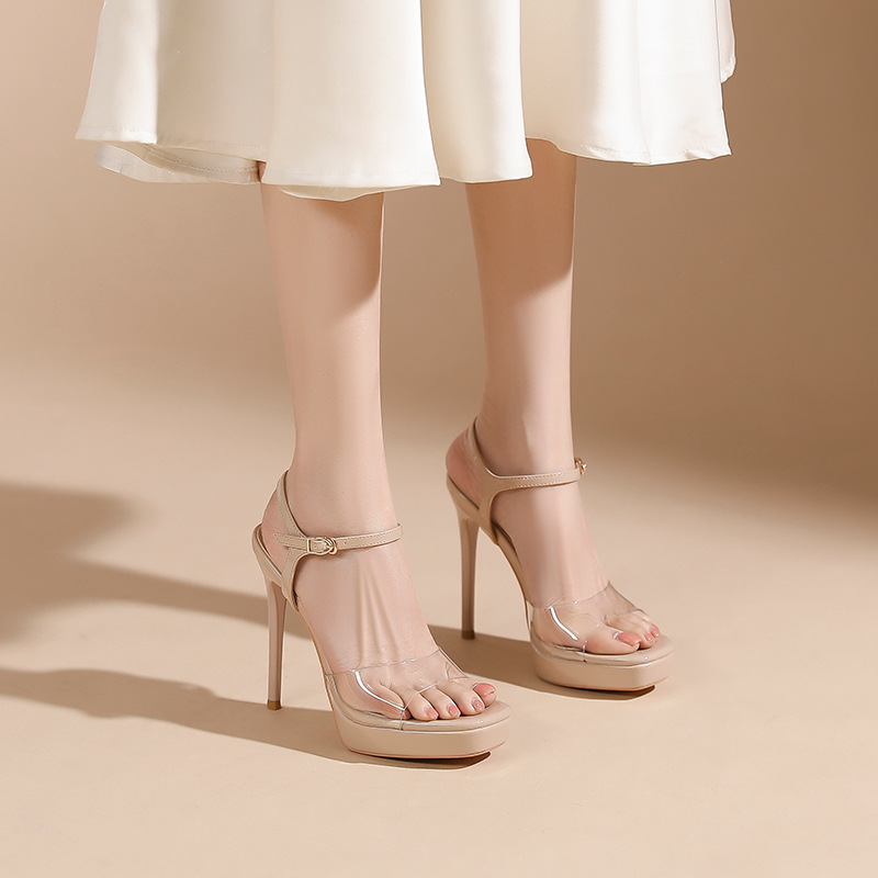 Sandal cao gót nữ mũi vuông quai một dây trong suốt, gót nhọn đế platform 14 cm — Hồng nude-14cm