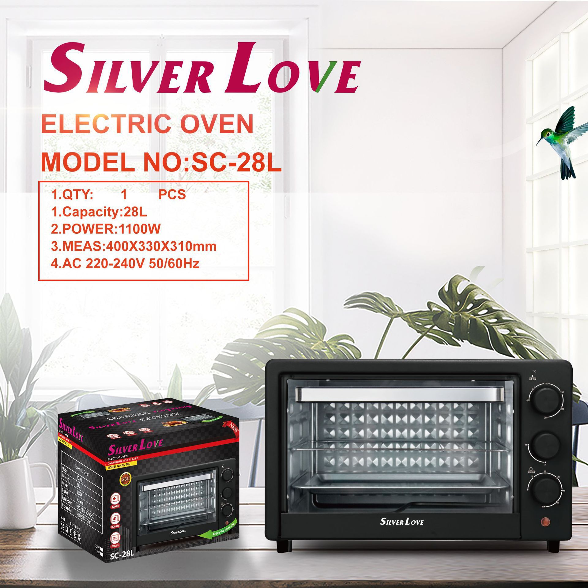 Exportación de comercio exterior 28L alta capacidad 1100W horno eléctrico doméstico multifuncional de alta potencia horno horneado doble