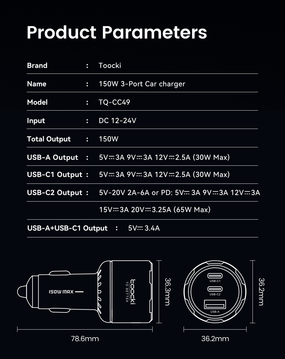 Toocki 150W Car Mobile Phone Charger 130W Car Charger Ice Blue Light 90W Laptop Fast Charger