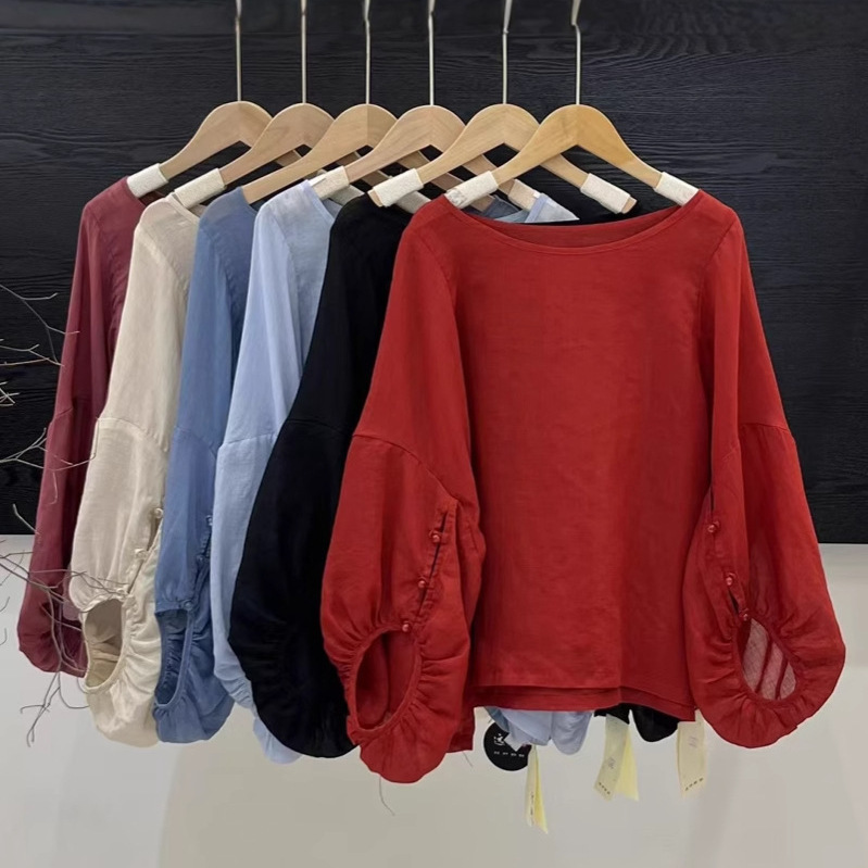 Ramie Summer New Style Literary Retro Fashion Versatile Loose Simple Round Neck Solid Color Lantern Sleeve Pullover Top