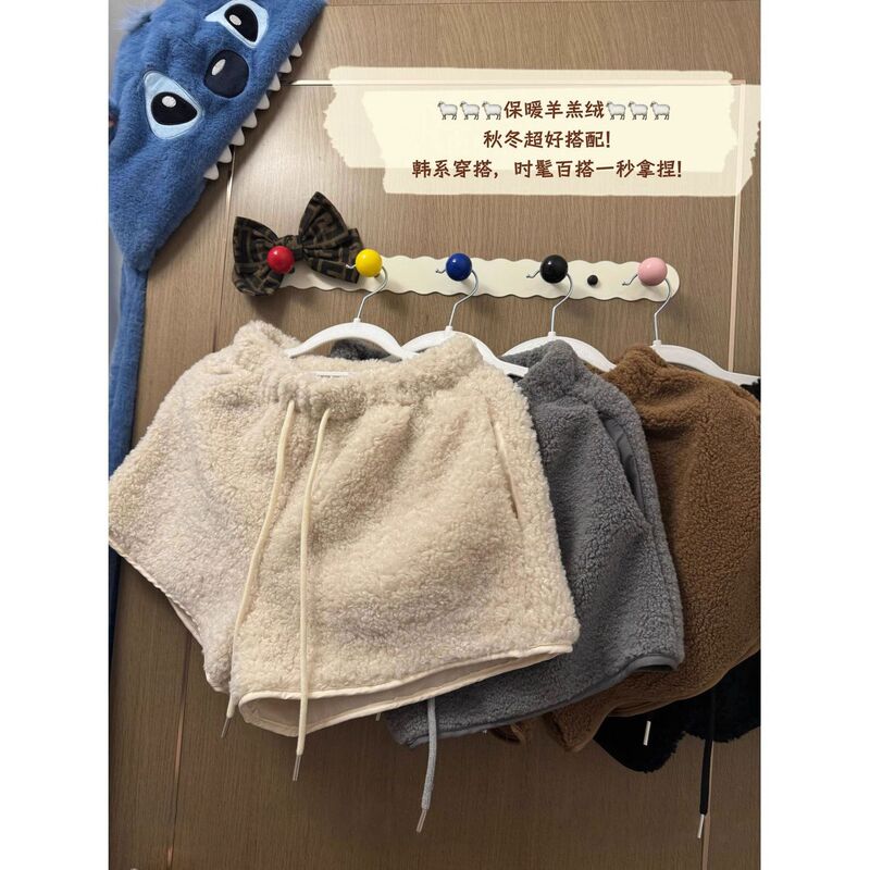 Women's Loose Waist Lamb Wool Wide Leg Shorts Winter Thickened Warm Plush High Waist Casual Straight Drawstring Pants