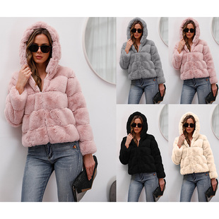 New European and American Short Solid Color Loose Horizontal Hooded Outwear Imitation Fur Autumn and Winter Warm Outwear
