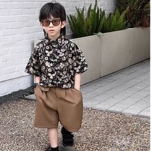 2025夏季男童复古港风花衬衫短袖上衣做旧痞帅时髦黑色洋气碎花潮
