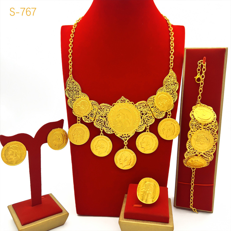 Cross-border European and American Round Brand Figure Wedding Bride Necklace Earrings Bracelet Ring suit Dubai 24K Gold Tassel Chain Cross-border European and American Round Brand Figure Wedding Bride Necklace Earrings Bracelet Ring suit Dubai 24K Gold Tassel Chain