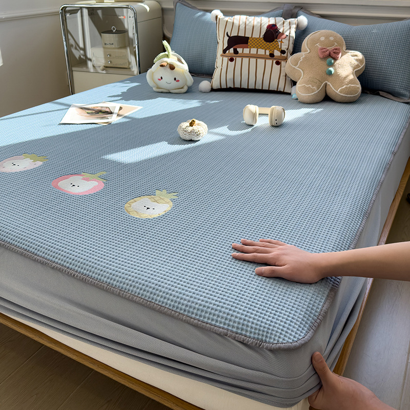 2025 nuevo estilo waffle cool silueta de seda de hielo sábana de cama de una sola pieza funda protectora de colchón fresco funda de cama de dibujos animados