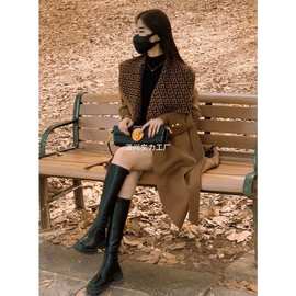 2025秋冬新款毛呢外套韩系感卡其色海军领呢子大衣女雪尼尔