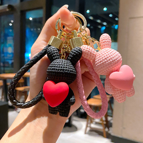 Cartoon hugging heart knitting wool rabbit and bear keychain cute couple pendant creative car key chain decoration wholesale