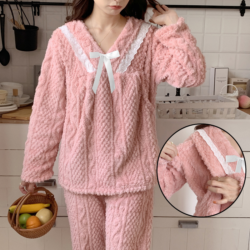 秋冬季加厚珊瑚提花绒孕妇睡衣可爱兔子花边哺乳月子服居家服套装