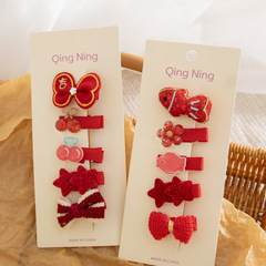 5-Piece Set Children's New Year Red All-in-One Fabric Hair Clips for Kids, Cartoon Style, Baby Hair Clips for New Year, Red Hair Clips for Fringe