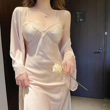 维多控真丝睡衣女蕾丝长款带胸垫吊带睡裙睡袍两件套家居服女春秋