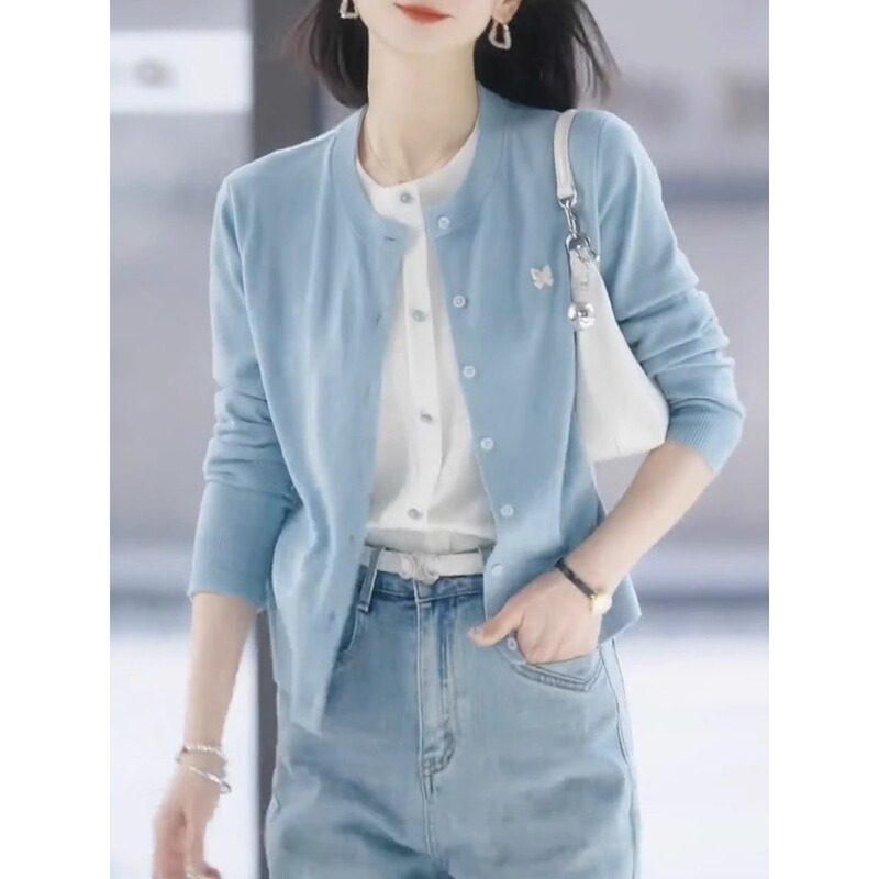 Blue Faux Two-Piece Stylish Women's Knit Sweater New Color-Blocking Commuter Chic Long-Sleeve Versatile Top Trendy A3369